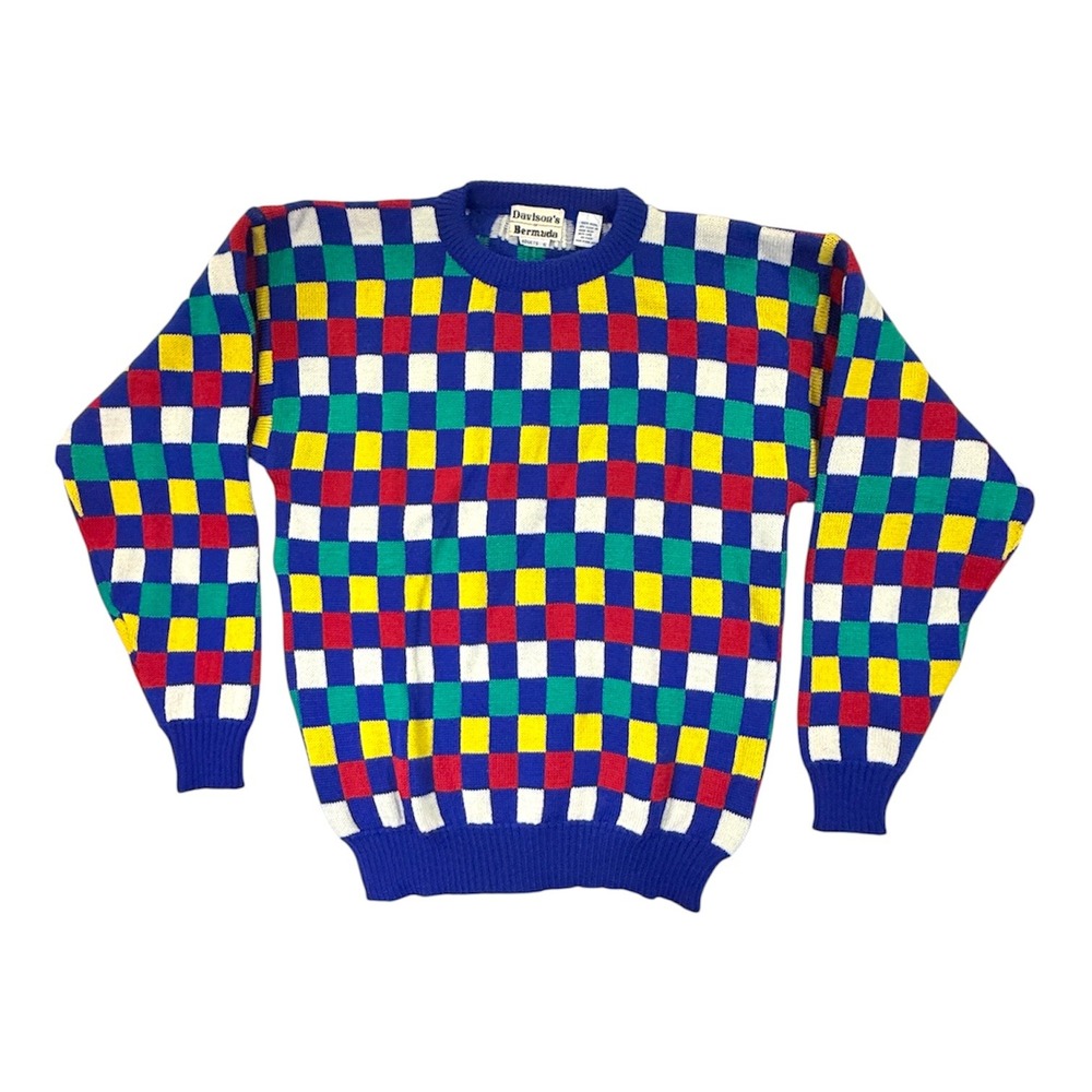 Davison's of Bermuda Vintage Sweater Men S Blue Multi Checkered Wool 80s 90s